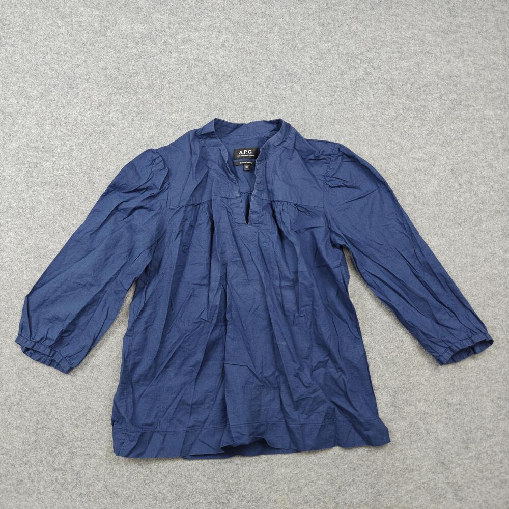 A.P.C. Blouse Womens 36 Blue V Neck Puff Sleeve Tunic Top Pullover 100% Cotton